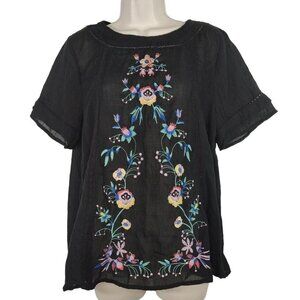 Umgee Black Floral Embroidered Tunic Top Boho Women Size S Short Sleeve